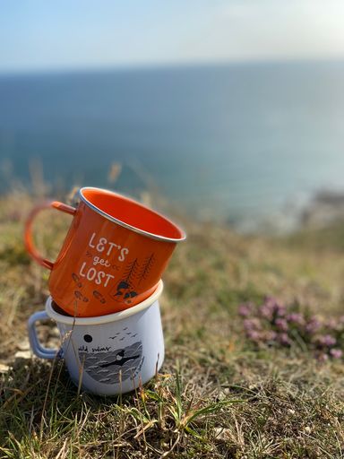 A closeup shot of two mugs on each other on the grass in daylight