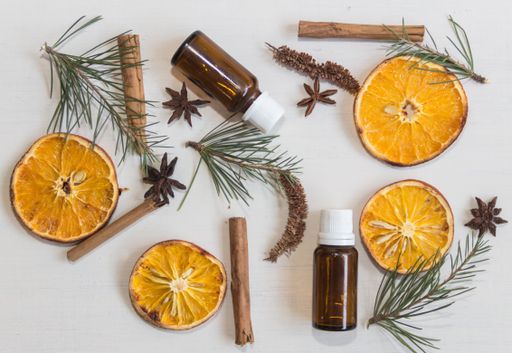 Top view bottles and ingredients. Background
aromatherapy and natural cosmetics concept