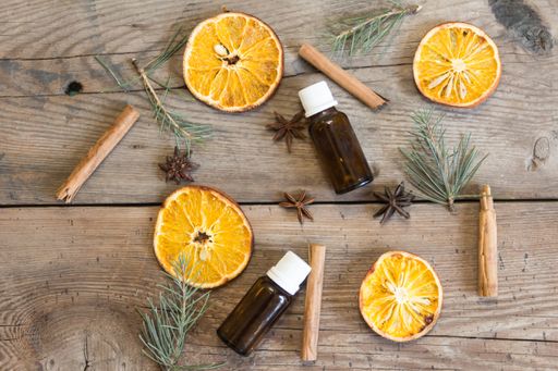 Top view bottles and ingredients. Background
aromatherapy and natural cosmetics concept