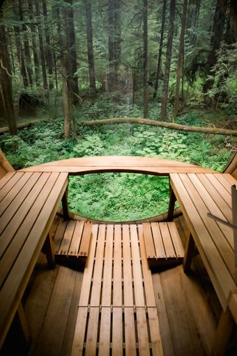 A vertical shot of a wooden cabin with glass window in a green forest in Corbett, Oregon