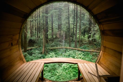 A beautiful shot of a wooden cabin with glass window in a green forest in Corbett, Oregon