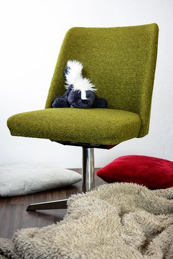 A closeup shot of a green chair, a skunk toy on it, with a furry blanket underneath, and two pillows on the floor, with a white wall in the background