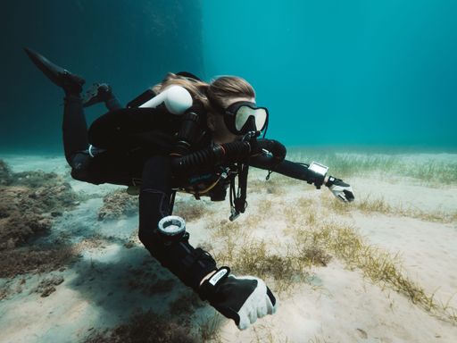 A closeup of a rebreather technical diver on the ocean with the bottom blurred background