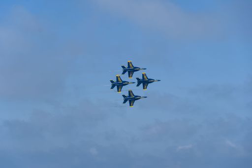 The Blue Angels flying in formation over Lake Michigan at the Chicago Air Show, USA