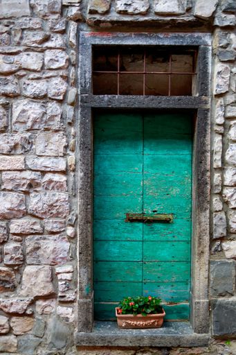 A vertical shot of an old green wooden door with small flowerpot in stone wall