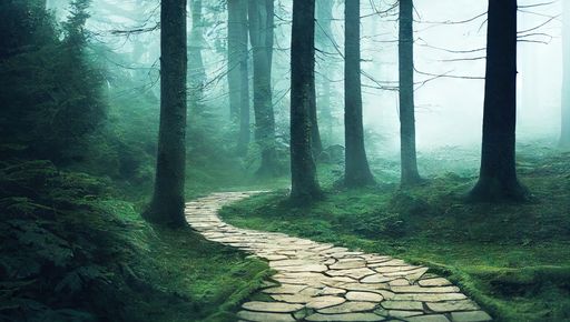 A winding stone path in a mystical forest