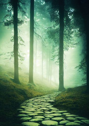A vertical shot of the winding stone path in a mystical forest