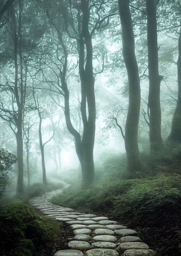 A vertical shot of the winding stone path in a mystical forest
