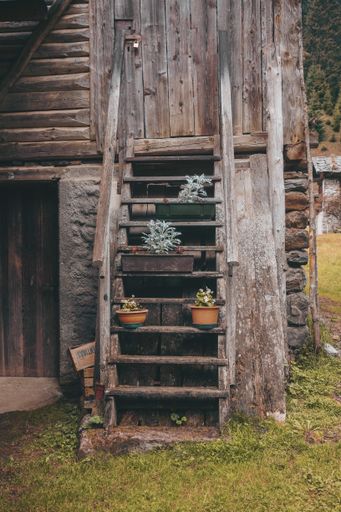 A vertical shot of a wooden log cabin staircase decorated with flowerpots