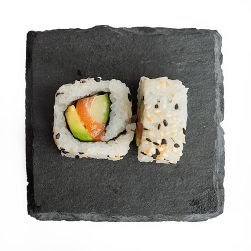 A top view of sushi rolls isolated on a white background