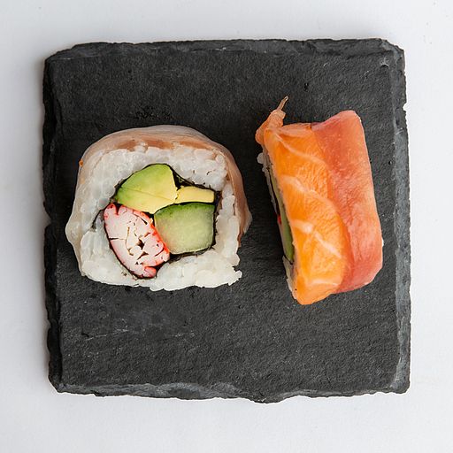 A top view of sushi rolls isolated on a white background