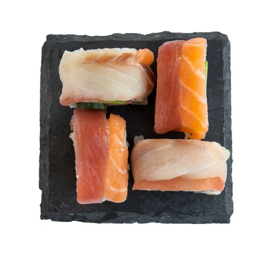 A top view of sushi rolls isolated on a white background