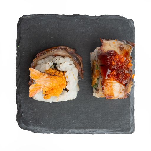 A top view of sushi rolls isolated on a white background