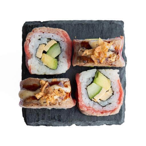A top view of sushi rolls isolated on a white background