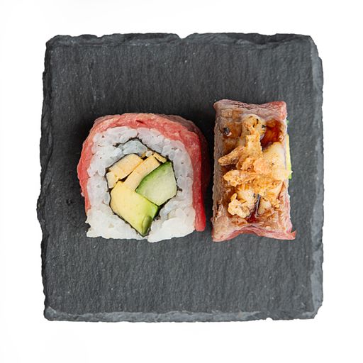 A top view of sushi rolls isolated on a white background
