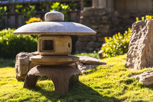 A mini Japanese-style temple stone-made decoration at the Fort Worth Japanese Gardens