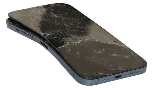 Shattered smartphone showing cracks on screen on white background.