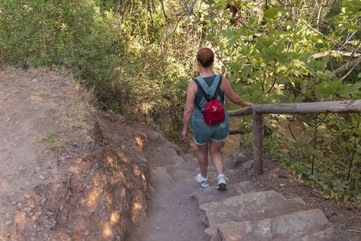 A middle-aged redheaded woman in denim shorts and a red backpack going down the steps of a beautiful forest road