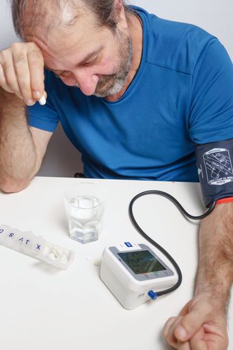 older man with beard taking a pill after taking his blood pressure at home