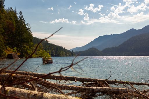 A scenic view of Crescent Lake surrounded by green mountains in Olympic national park, Washington,USA
