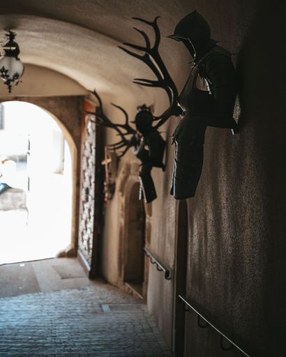 The interior of Hohenzollern Castle with antlers on walls