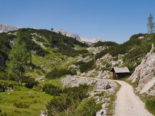 A trail along a hut in the Dachstein group near lake Hallstatt in Salzkammergut, Austria