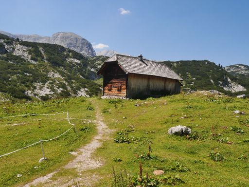 A trail along a hut in the Dachstein group near lake Hallstatt in Salzkammergut, Austria
