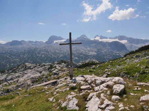 A cross in Karst plateau in the Dachstein group near lake Hallstatt in Salzkammergut, Austria