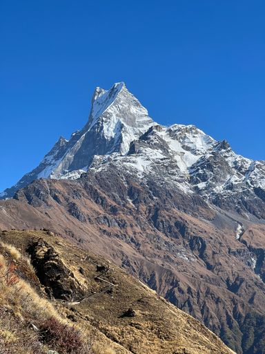 A vertical of the beautiful Machapuchre Mountain with snowy peak in Nepal against the sunny blue sky