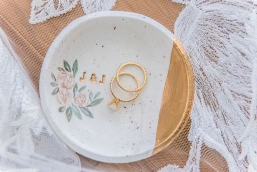 A top view of wedding rings on the veil