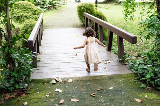 A toddler running across a wooden bridge in a beautiful natural scene, back view - concept of outdoors