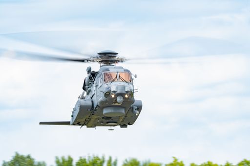 A Royal Canadian Air Force military helicopter hovering during an air show in Gatineau, Quebec, Canada