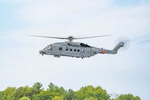 A Royal Canadian Air Force military helicopter hovering during an air show in Gatineau, Quebec, Canada