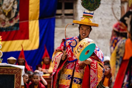 A closeup of a Tibetan Buddhist in Ritual Dance at the Tiji Festival in Upper Mustang, Nepal