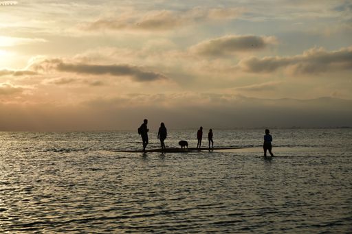 A beautiful shot of silhouettes of people hanging around on a wooden dock over a pier at sunset