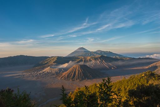 A scenic view of the active volcano of mount Bromo at sunrise in East Java, Indonesia