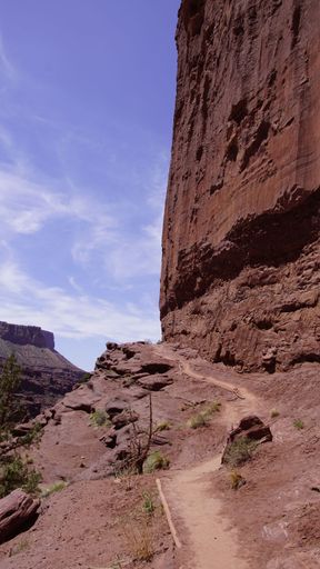 A vertical shot of high canyons at the Fisher Towers hiking trail in the Moab, Utah