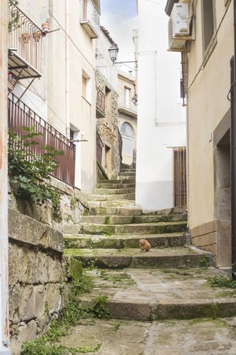 A steep, stepped street in Troina, an ancient, hilltop town in the Nebrodi Mountains, Sicily, Italy