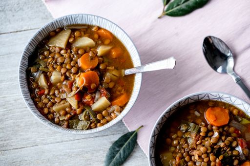 a High angle shot of a lentil bean chili on a table
