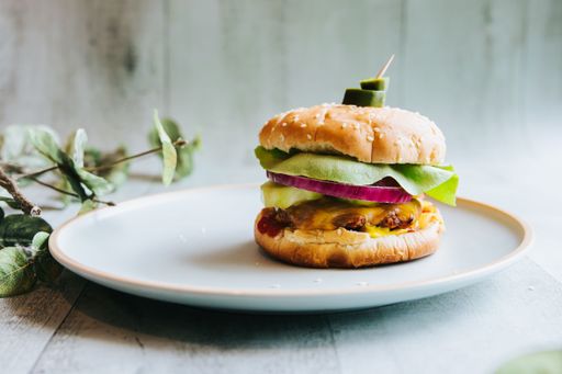 A closeup shot of a homemade hamburger