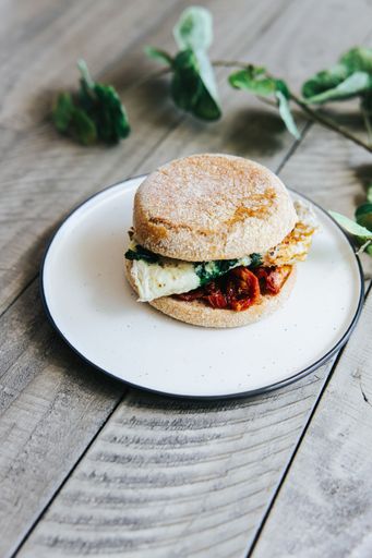 A closeup shot of Sun Dried Tomato and Egg Breakfast Sandwich