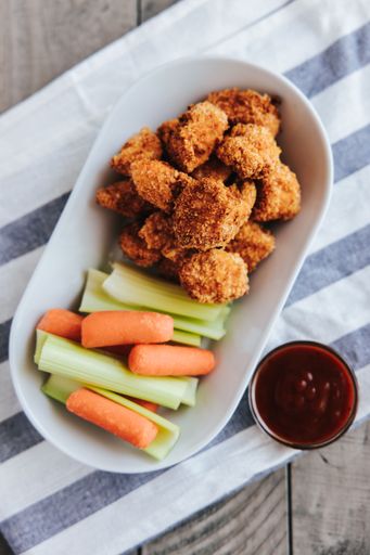 A vertical shot of Homemade Chicken Nuggets and Veggies