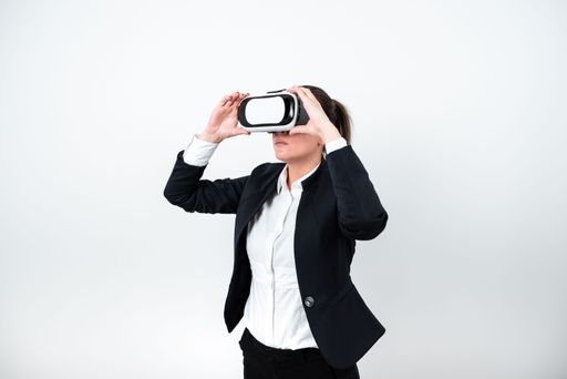 Standing Man Wearing Vr Glasses Presenting Messages. Businessman Having Virtual Reality Eyeglasses And Showing Information. Female Seeing Ideas.