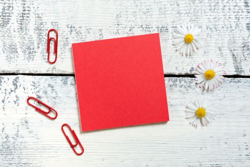 Sticky Note With Important Messages With Paperclips And Flowers Around On Floor. Memo With Crutial Information With Colored Clips Placed On Ground.