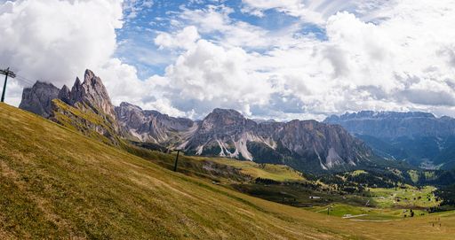 Breathtaking panoramic view of the mountain Seceda in the Dolomites Alps, South Tyrol, Italy