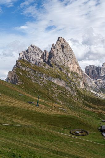 Breathtaking panoramic view of the mountain Seceda in the Dolomites Alps, South Tyrol, Italy