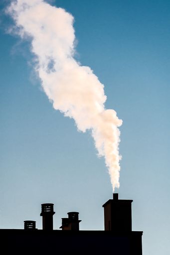 A vertical shot of white smoke coming out of a chimney on the roof of a residential building - the concepts of heating and pollution