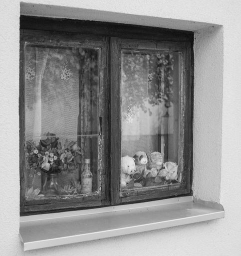 A grayscale shot of a residential window with toys behind it