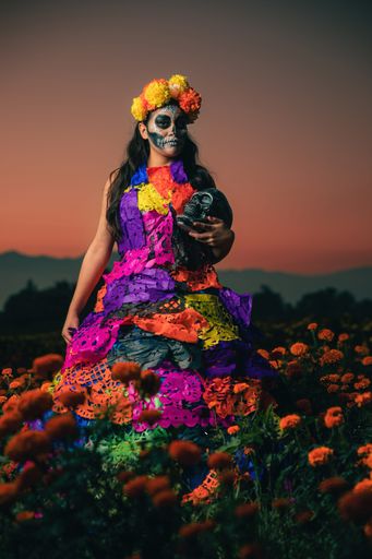 A young woman wearing a colorful traditional costume and makeup, celebrating the Day of the Dead (Dia de los Muertos) on a floral field
