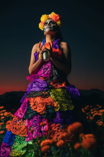 A young woman wearing a colorful traditional costume and makeup, celebrating the Day of the Dead (Dia de los Muertos) on a floral field